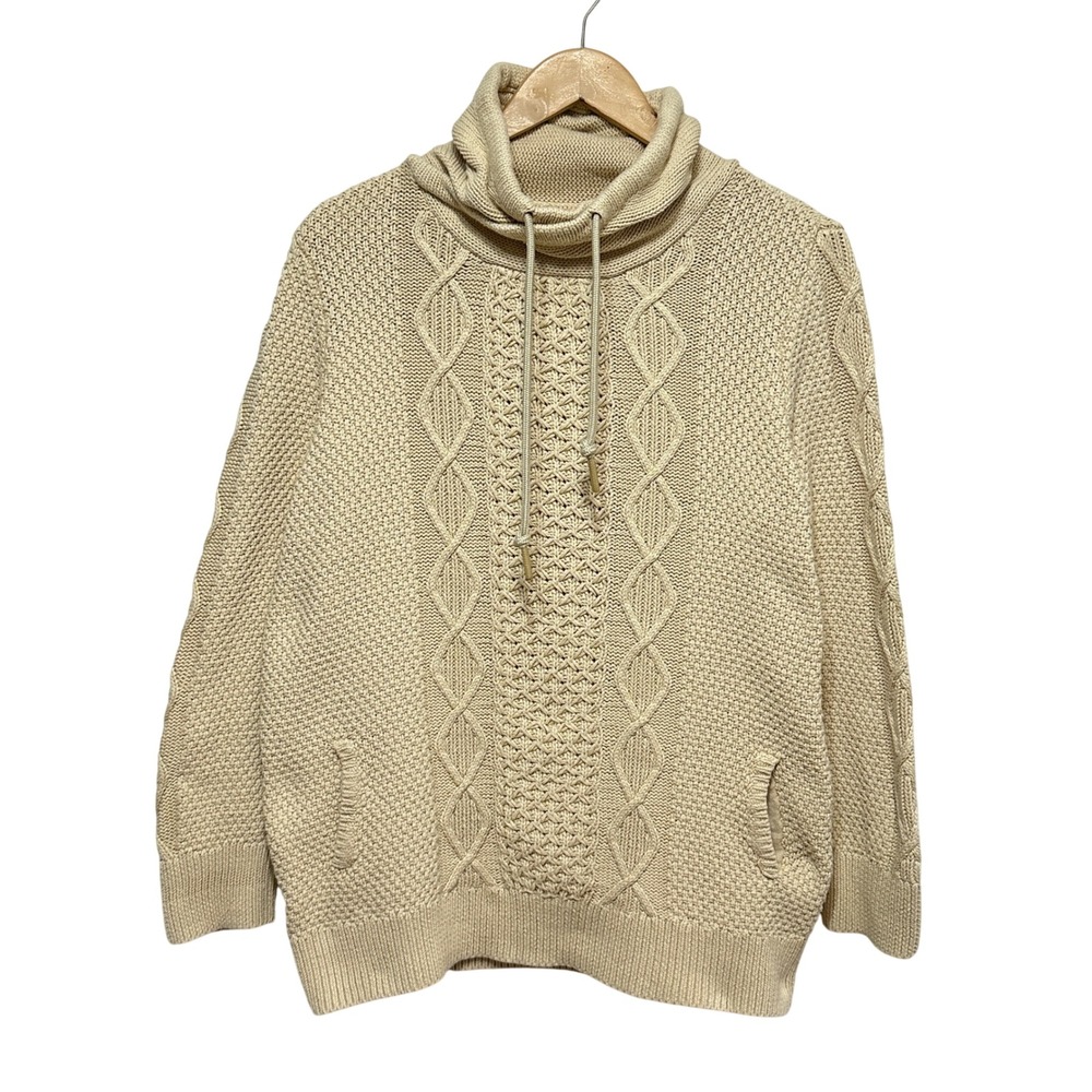 L.L. Bean Signature Cable Knit Cowl Neck Pullover Women Large Cream Fisherman